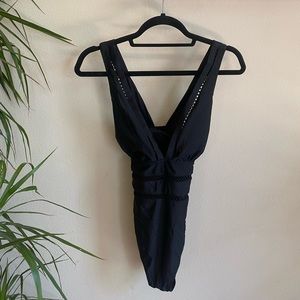 One piece black plunge swim suit